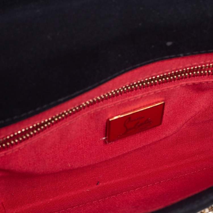 Pre Owned Christian Louboutin Black Canvas Letter Patch Riviera Chain Clutch