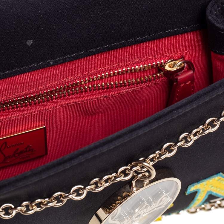 Pre Owned Christian Louboutin Black Canvas Letter Patch Riviera Chain Clutch
