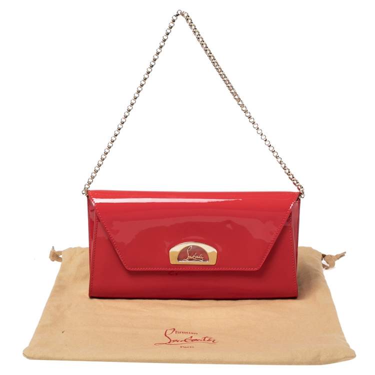 Pre Owned Christian Louboutin Neon Red Patent Leather Vero Dodat Chain Clutch
