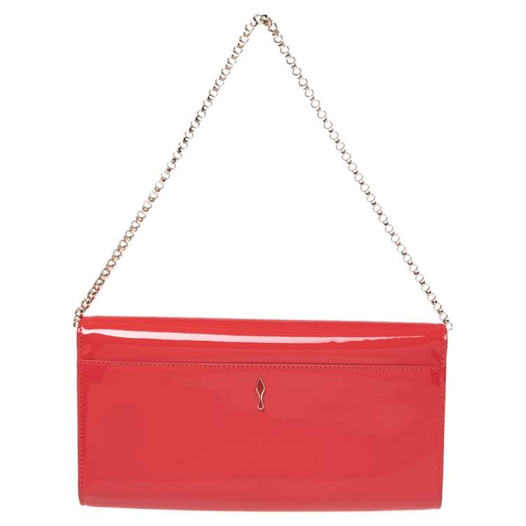 Pre Owned Christian Louboutin Neon Red Patent Leather Vero Dodat Chain Clutch