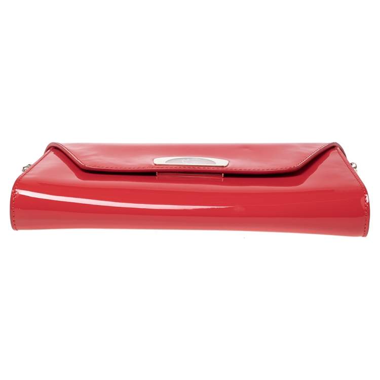 Pre Owned Christian Louboutin Neon Red Patent Leather Vero Dodat Chain Clutch