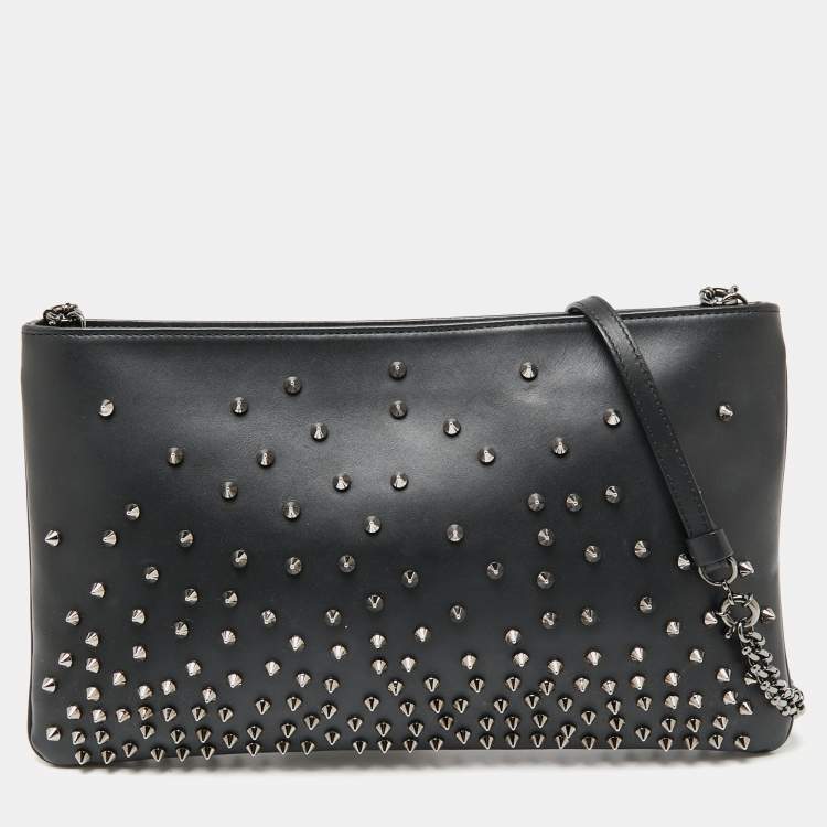 Pre Owned Christian Louboutin Black Leather Spiked Loubiposh Chain Clutch