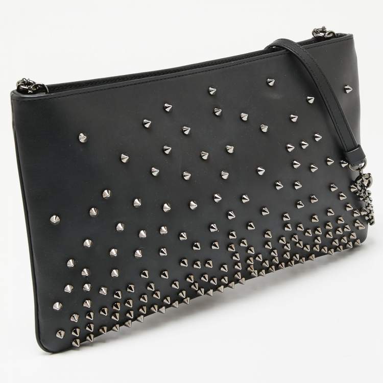 Pre Owned Christian Louboutin Black Leather Spiked Loubiposh Chain Clutch