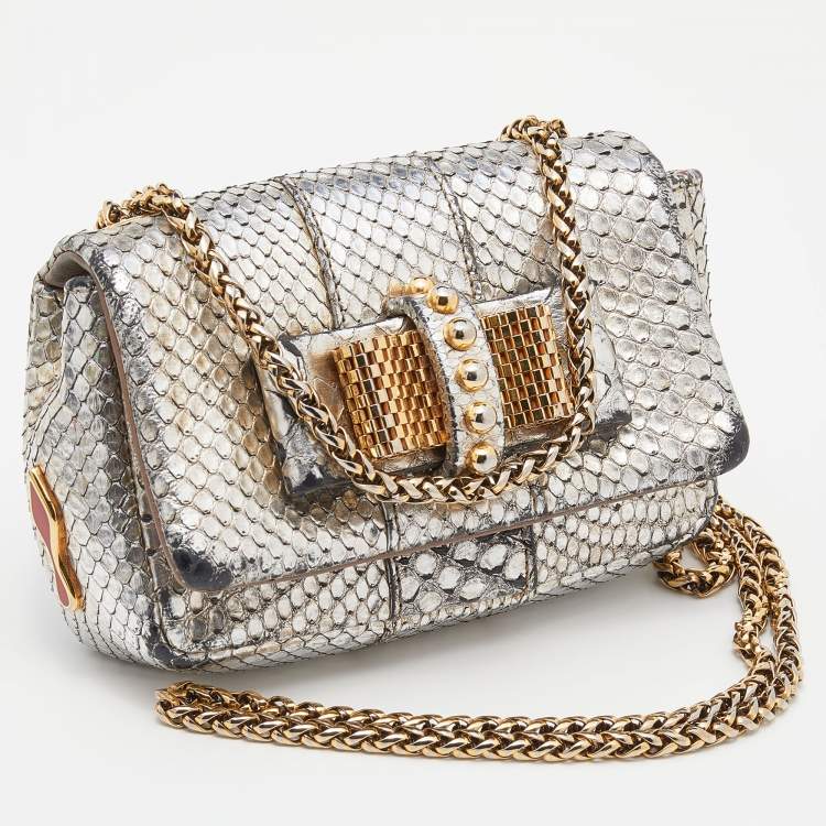 Pre Owned Christian Louboutin Silver Python Mini Sweet Charity Crossbody Bag