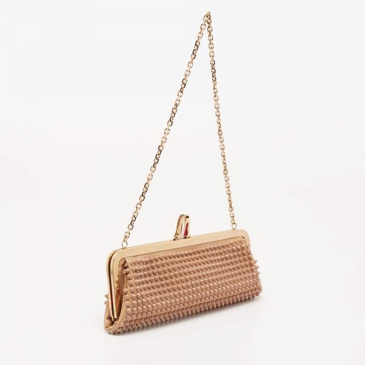 Pre Owned Christian Louboutin Beige Patent Leather Spiked Frame Clutch