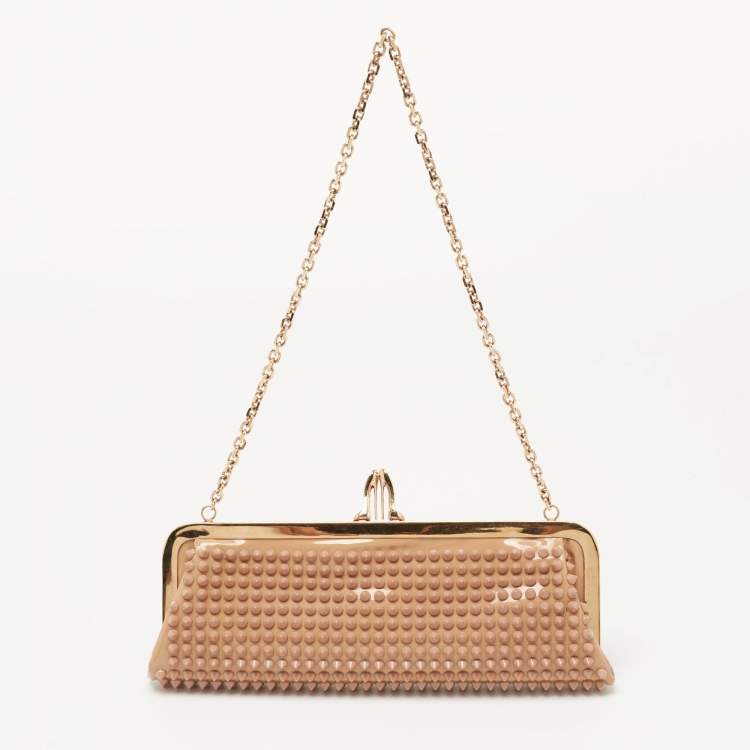 Pre Owned Christian Louboutin Beige Patent Leather Spiked Frame Clutch