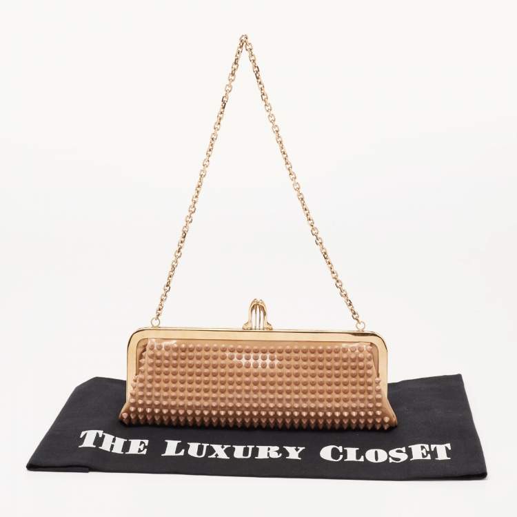 Pre Owned Christian Louboutin Beige Patent Leather Spiked Frame Clutch