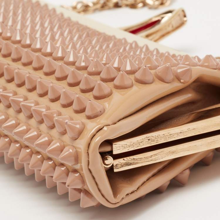 Pre Owned Christian Louboutin Beige Patent Leather Spiked Frame Clutch