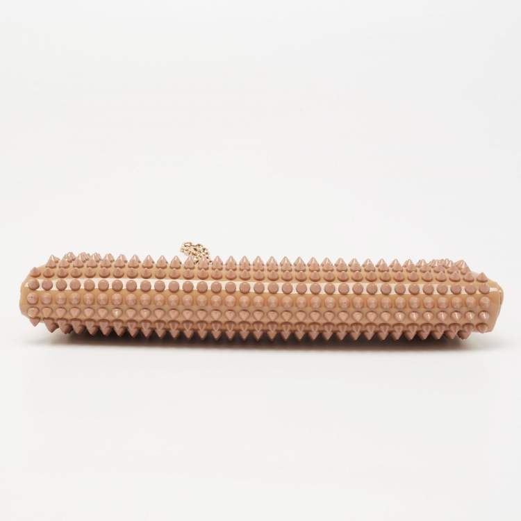 Pre Owned Christian Louboutin Beige Patent Leather Spiked Frame Clutch
