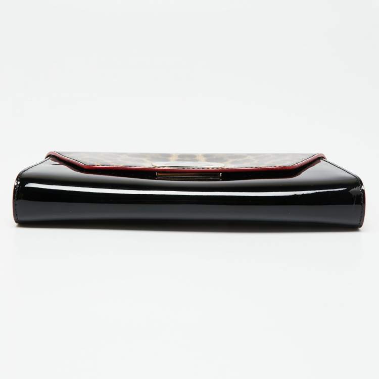 مملوكة مسبقًا Christian Louboutin Black/Red Leopard Print Patent Leather Vero Dodat Chain Clutch