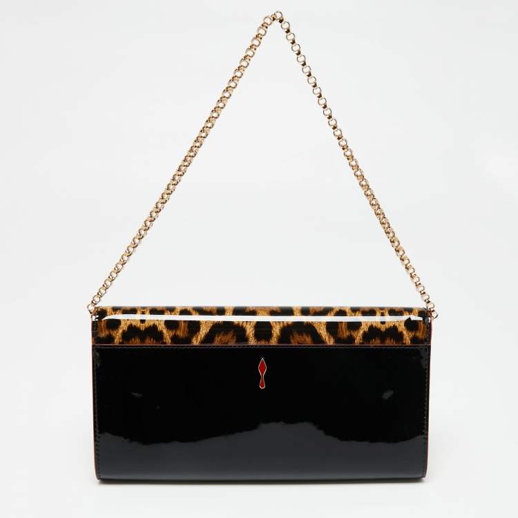 مملوكة مسبقًا Christian Louboutin Black/Red Leopard Print Patent Leather Vero Dodat Chain Clutch