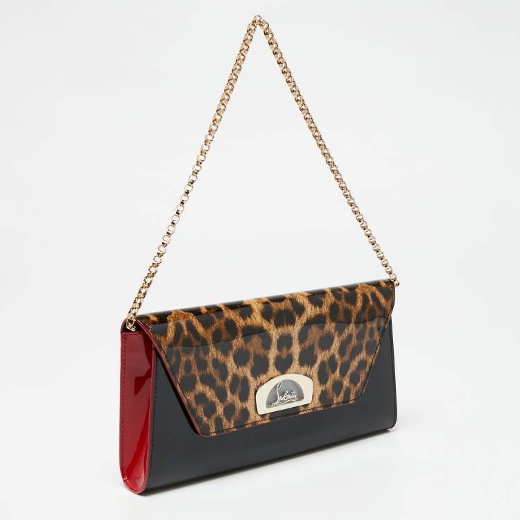 مملوكة مسبقًا Christian Louboutin Black/Red Leopard Print Patent Leather Vero Dodat Chain Clutch