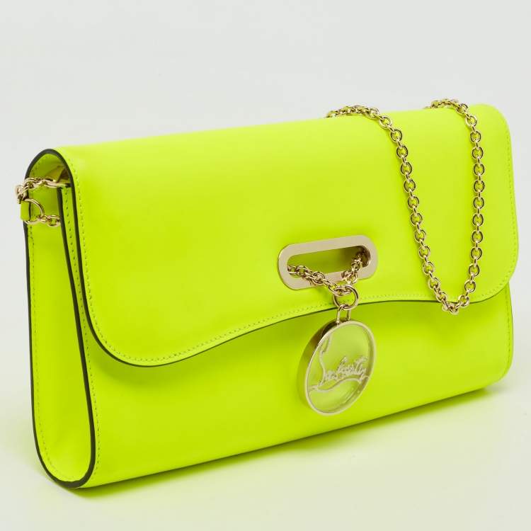 Pre Owned Christian Louboutin Neon Green Matte Leather Riviera Chain Clutch