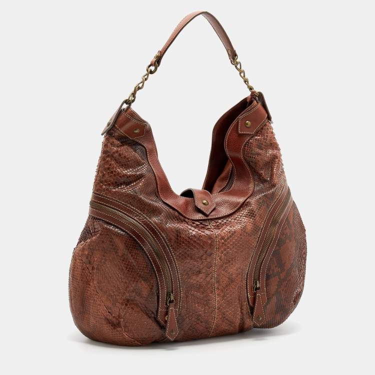 Pre Owned Christian Louboutin Brown Python And Leather Hobo
