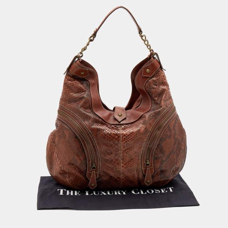 Pre Owned Christian Louboutin Brown Python And Leather Hobo