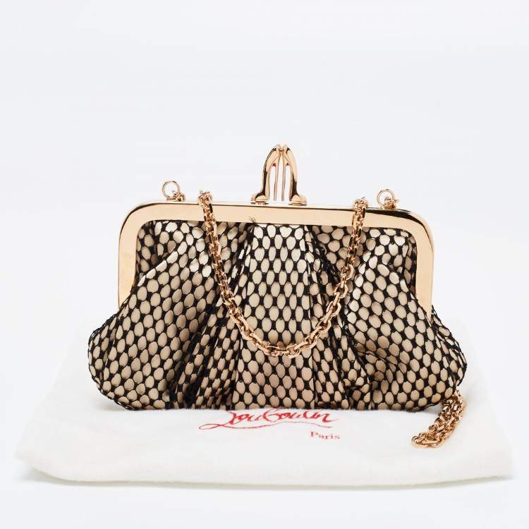 Pre Owned Christian Louboutin Black/Beige Lace and Satin Loubi Lula Chain Clutch