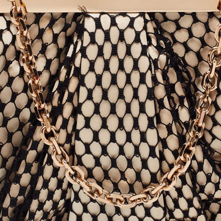 Pre Owned Christian Louboutin Black/Beige Lace and Satin Loubi Lula Chain Clutch