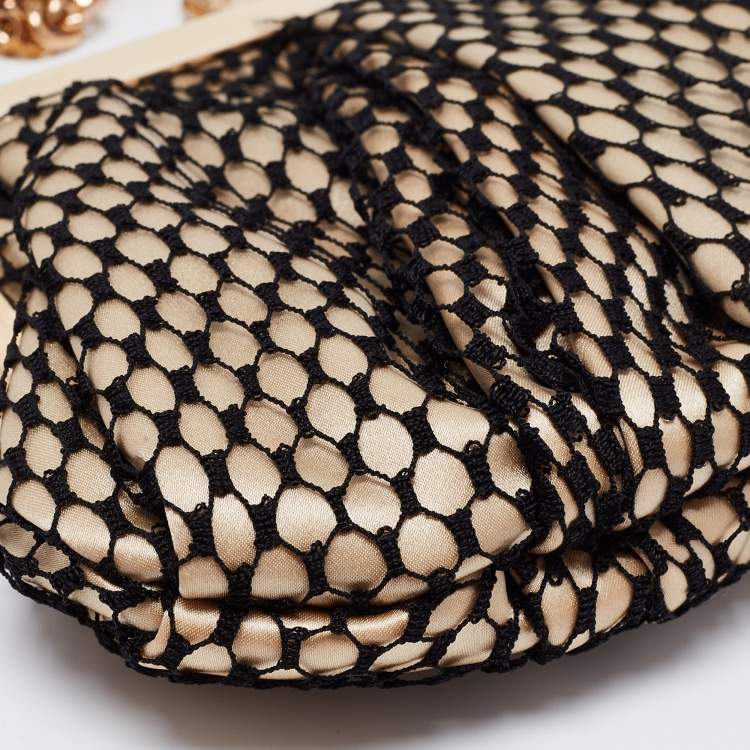 Pre Owned Christian Louboutin Black/Beige Lace and Satin Loubi Lula Chain Clutch
