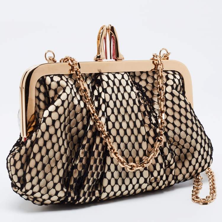 Pre Owned Christian Louboutin Black/Beige Lace and Satin Loubi Lula Chain Clutch