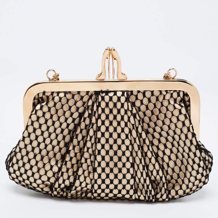 Pre Owned Christian Louboutin Black/Beige Lace and Satin Loubi Lula Chain Clutch
