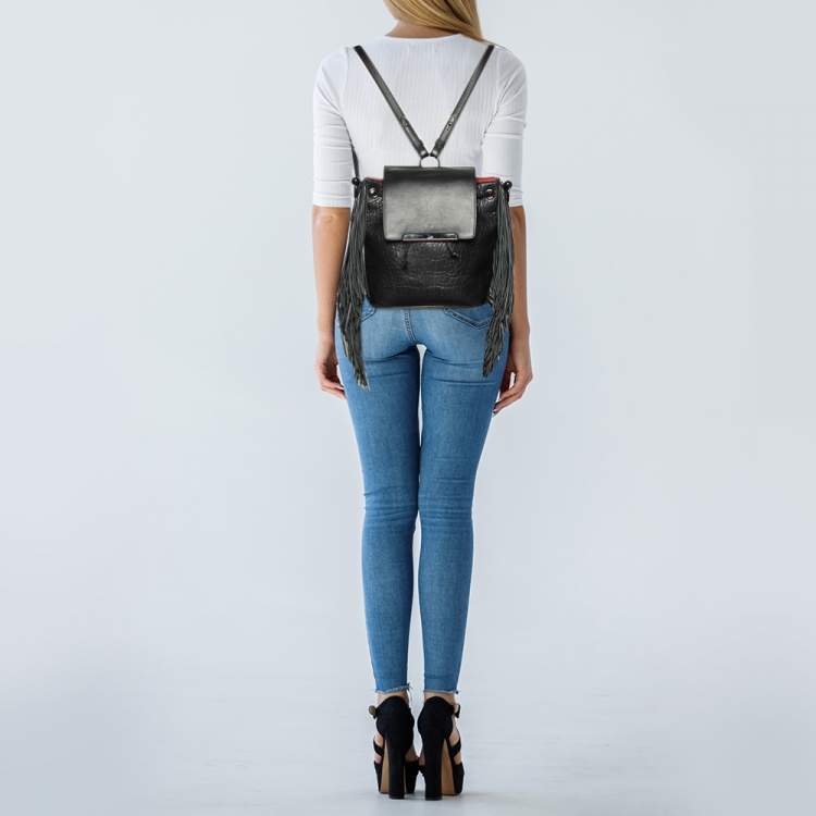 Pre Owned Christian Louboutin Black Pebbled Leather Fringe Lucky L Backpack