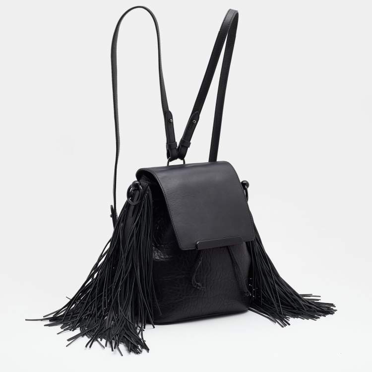 Pre Owned Christian Louboutin Black Pebbled Leather Fringe Lucky L Backpack