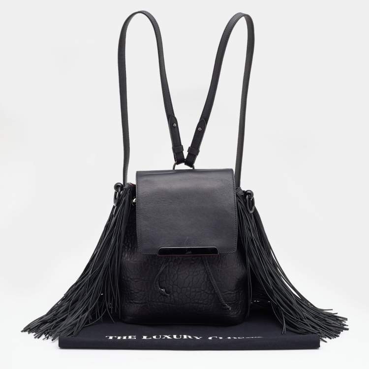 Pre Owned Christian Louboutin Black Pebbled Leather Fringe Lucky L Backpack