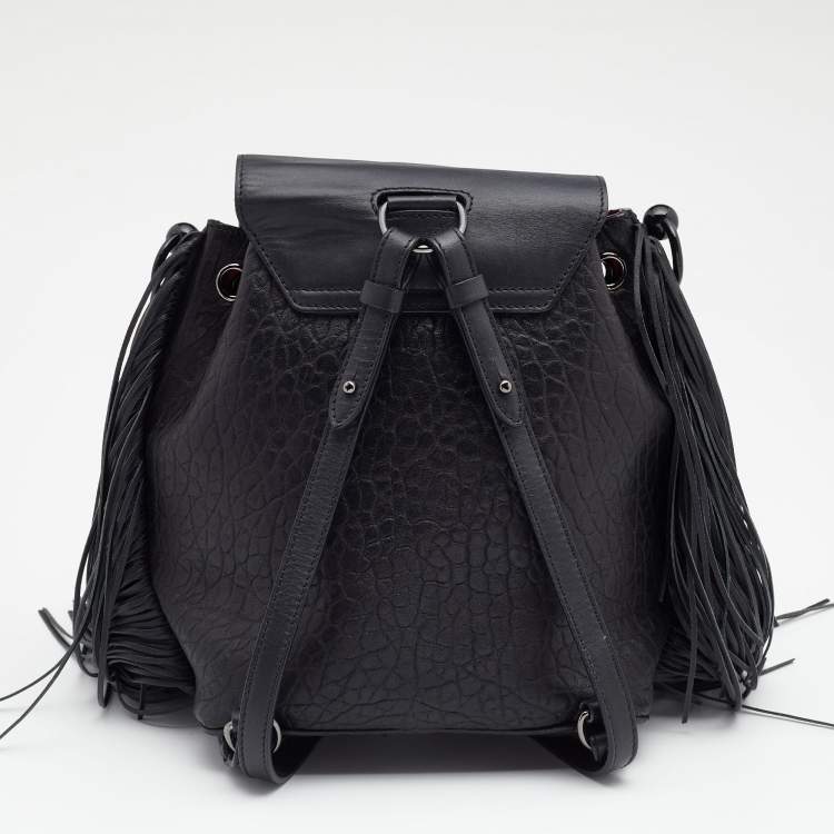 Pre Owned Christian Louboutin Black Pebbled Leather Fringe Lucky L Backpack