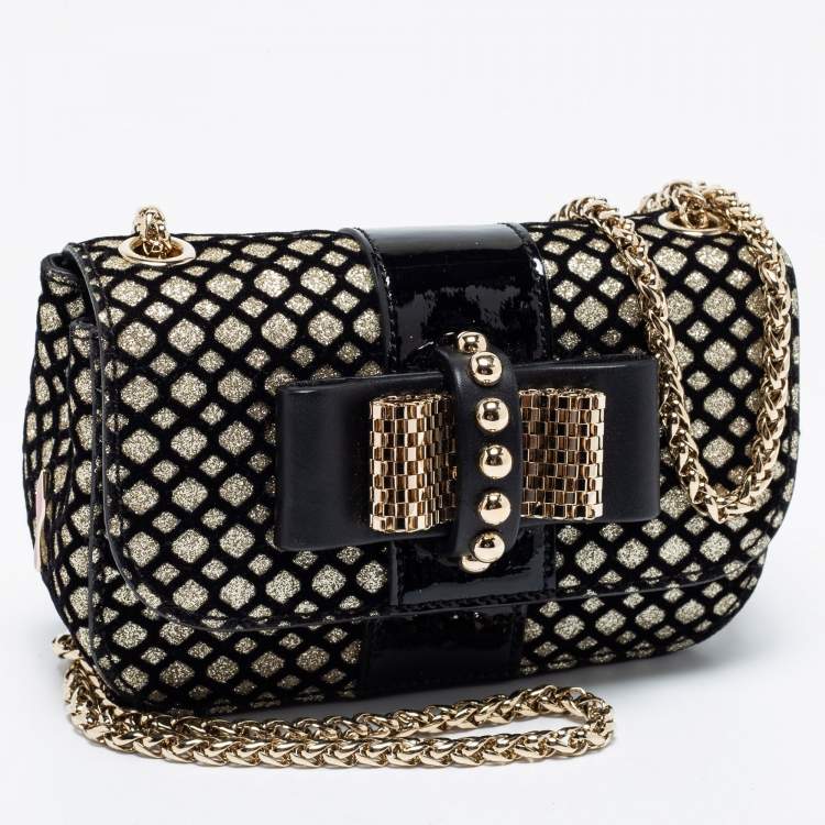Pre Owned Christian Louboutin Gold/Black Velvet And Leather Sweet Charity Shoulder Bag
