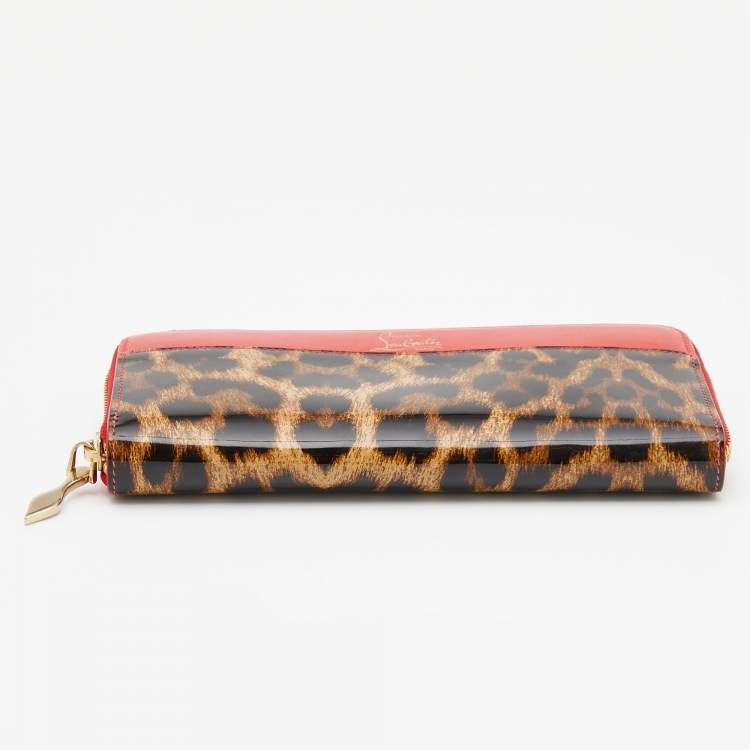 Pre Owned Christian Louboutin Red/Brown leather and Leopard Print Patent Leather Zip Around Wallet