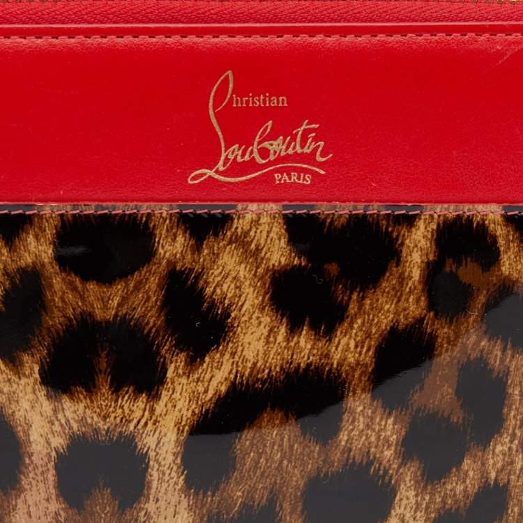 Pre Owned Christian Louboutin Red/Brown leather and Leopard Print Patent Leather Zip Around Wallet