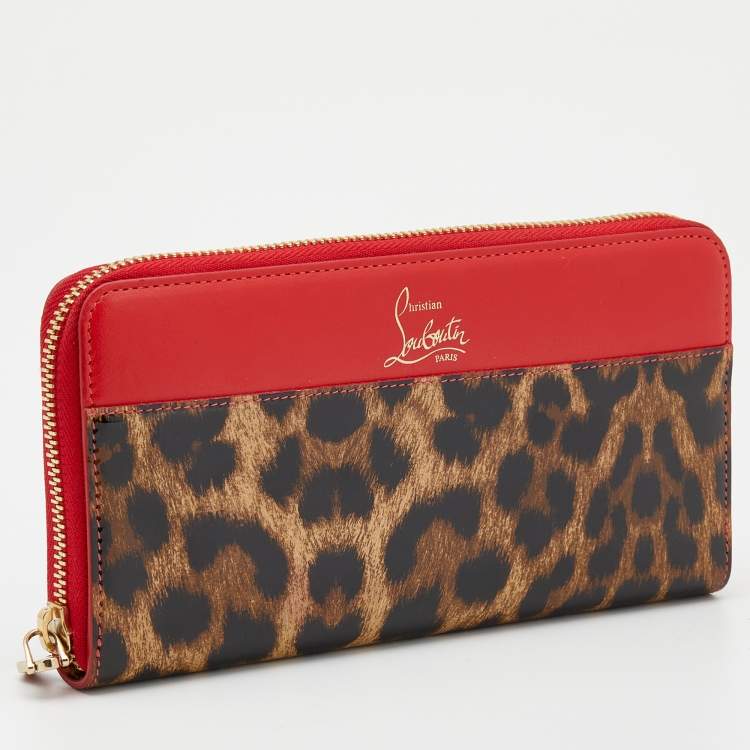 Pre Owned Christian Louboutin Red/Brown leather and Leopard Print Patent Leather Zip Around Wallet