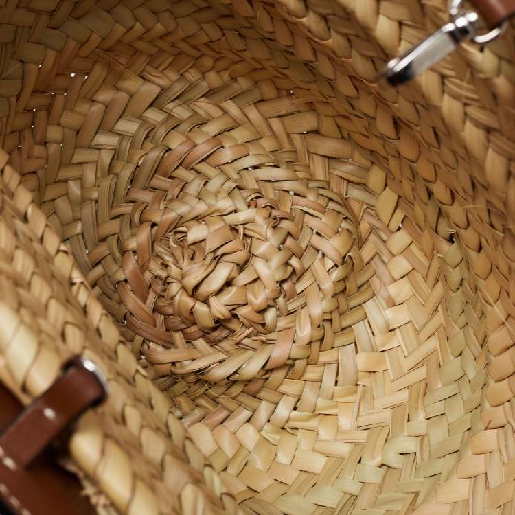 Pre Owned Christian Louboutin Brown/Cream Woven Raffia and Leather Small Loubishore Tote