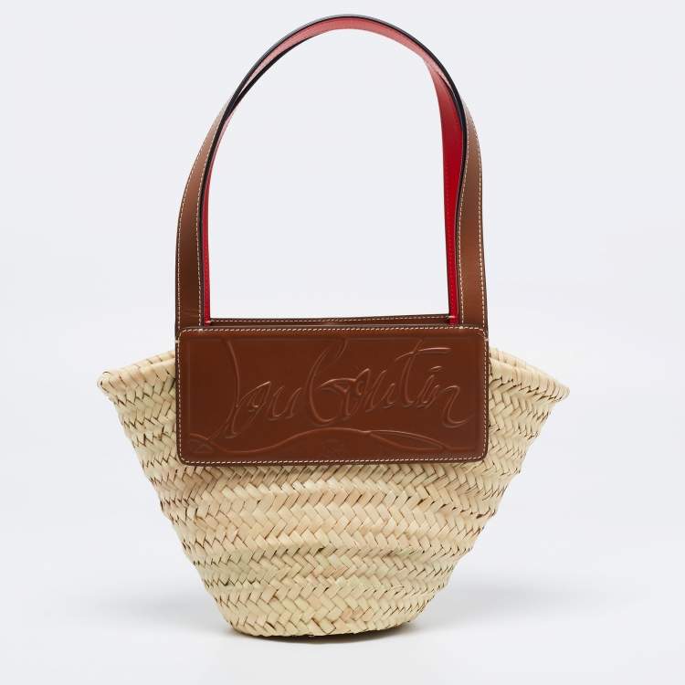 Pre Owned Christian Louboutin Brown/Cream Woven Raffia and Leather Small Loubishore Tote