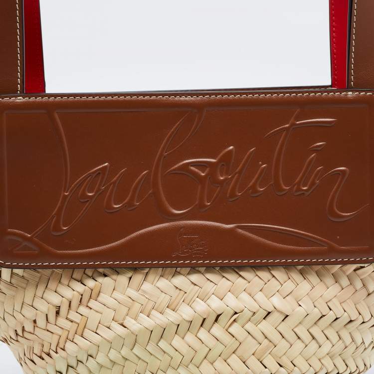 Pre Owned Christian Louboutin Brown/Cream Woven Raffia and Leather Small Loubishore Tote