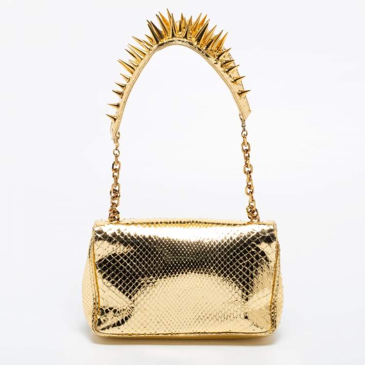 Pre Owned Christian Louboutin Gold Snakeskin Artemis Spiked Shoulder Bag