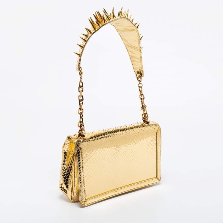 Pre Owned Christian Louboutin Gold Snakeskin Artemis Spiked Shoulder Bag