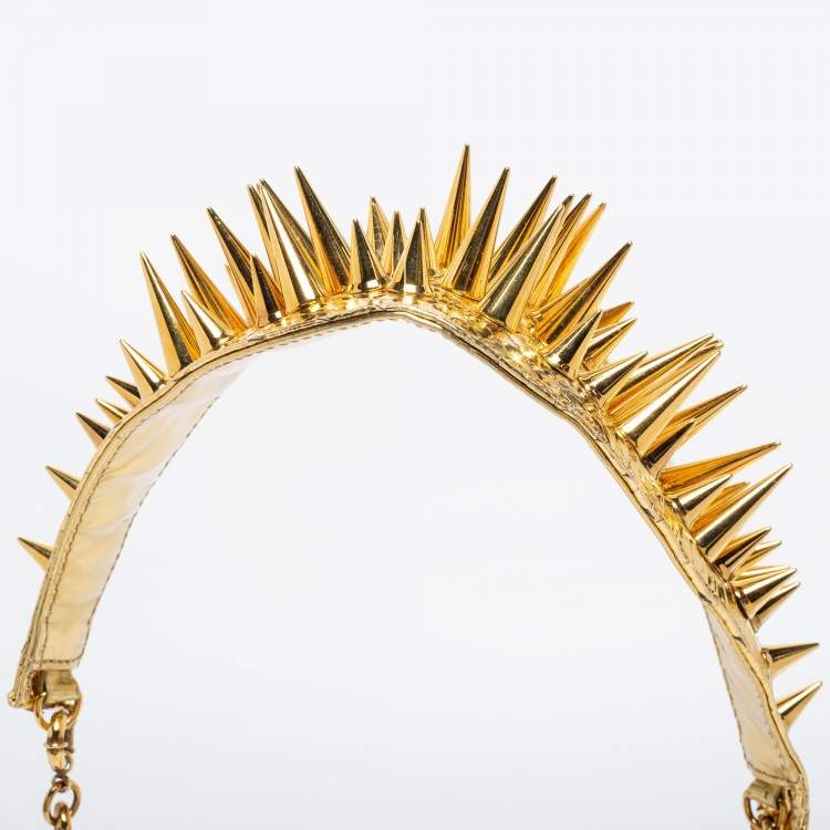 Pre Owned Christian Louboutin Gold Snakeskin Artemis Spiked Shoulder Bag