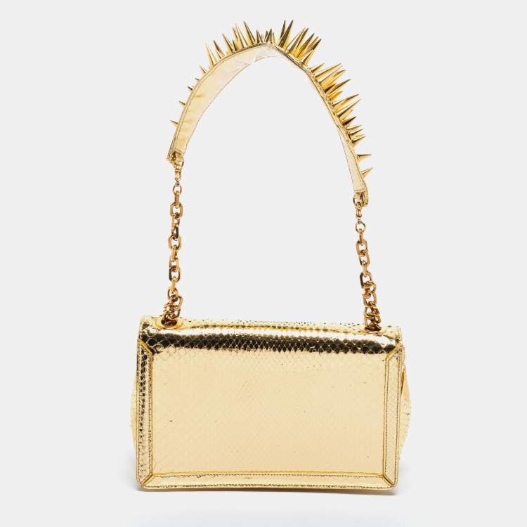 Pre Owned Christian Louboutin Gold Snakeskin Artemis Spiked Shoulder Bag