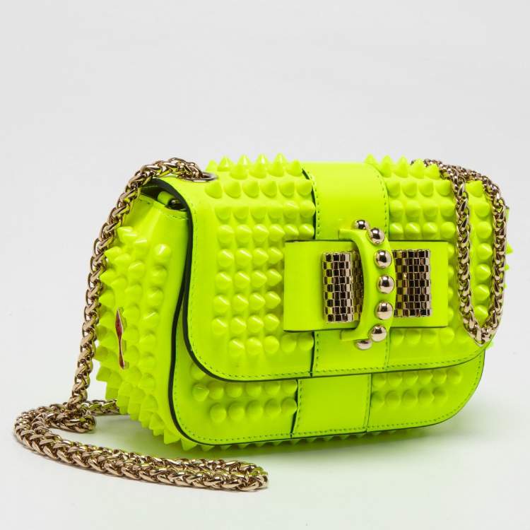 Pre Owned Christian Louboutin Neon Yellow Leather Mini Spiked Sweet Charity Crossbody Bag