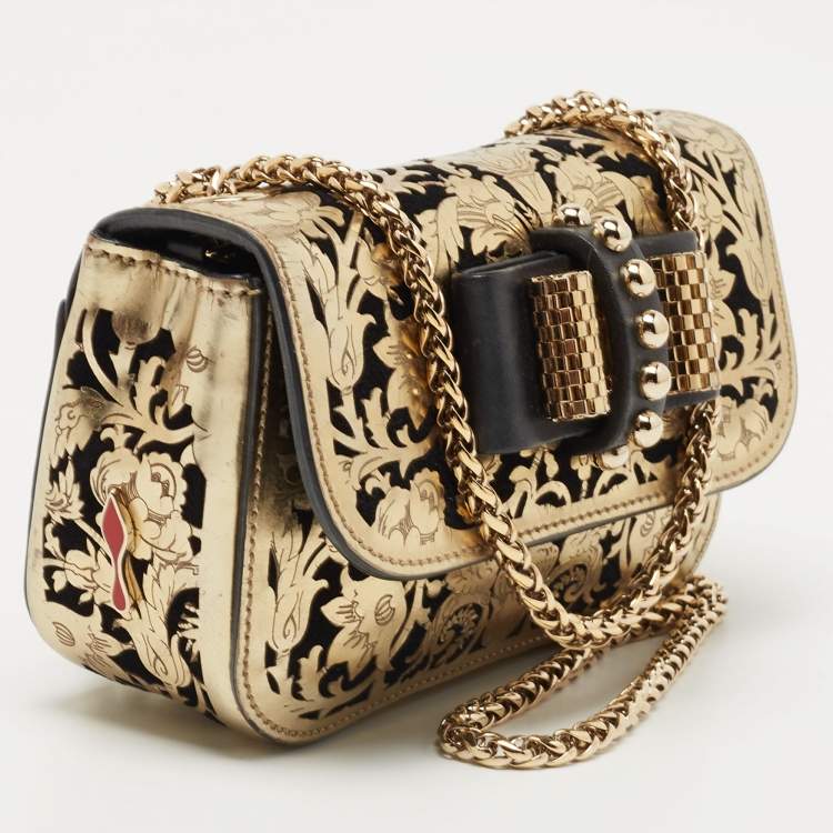 Pre Owned Christian Louboutin Gold/Black Leather Mini Spiked Sweet Charity Bag