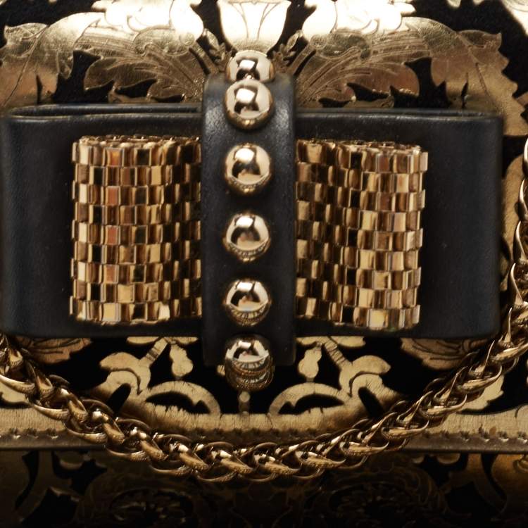 Pre Owned Christian Louboutin Gold/Black Leather Mini Spiked Sweet Charity Bag