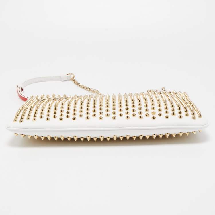 Pre Owned Christian Louboutin White/Gold Leather Spikes Loubiposh Chain Clutch