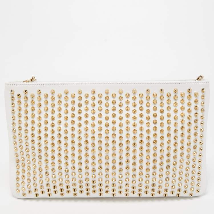 Pre Owned Christian Louboutin White/Gold Leather Spikes Loubiposh Chain Clutch