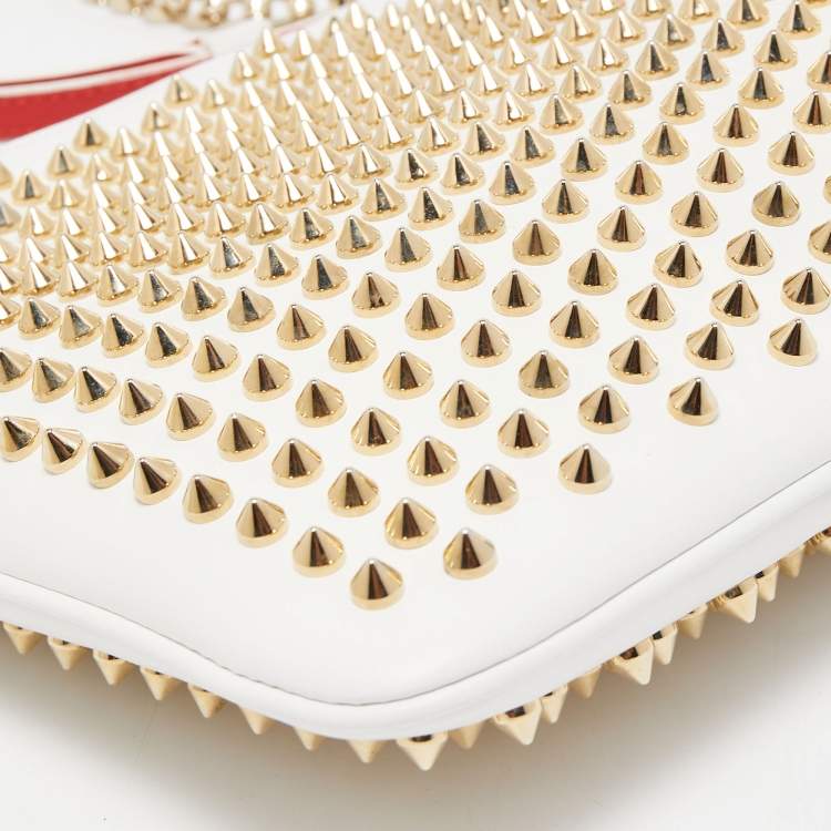 Pre Owned Christian Louboutin White/Gold Leather Spikes Loubiposh Chain Clutch