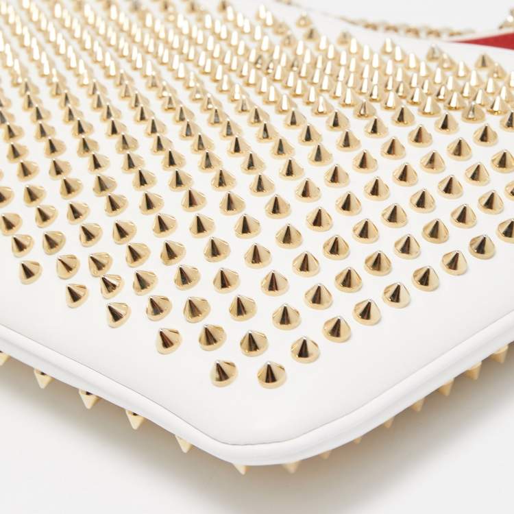 Pre Owned Christian Louboutin White/Gold Leather Spikes Loubiposh Chain Clutch