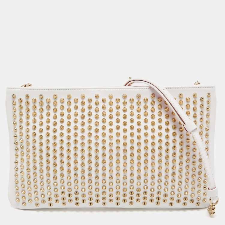 Pre Owned Christian Louboutin White/Gold Leather Spikes Loubiposh Chain Clutch