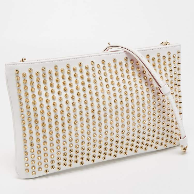 Pre Owned Christian Louboutin White/Gold Leather Spikes Loubiposh Chain Clutch