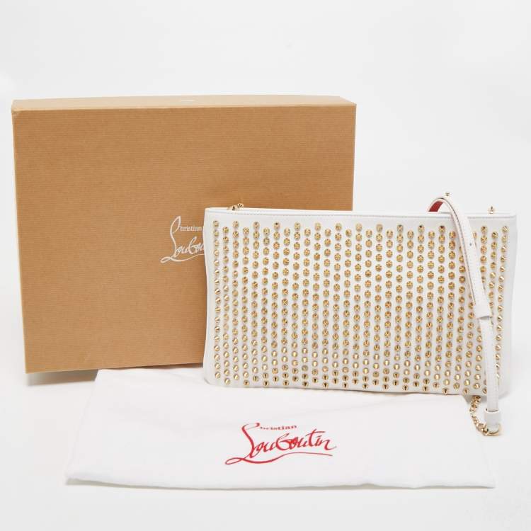 Pre Owned Christian Louboutin White/Gold Leather Spikes Loubiposh Chain Clutch
