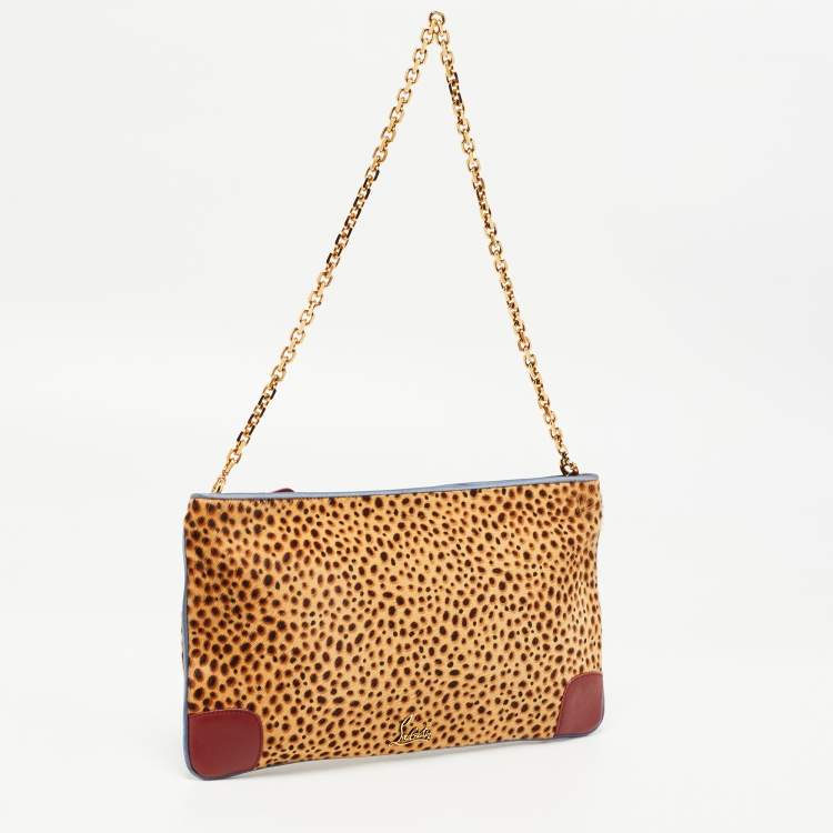 Pre Owned Christian Louboutin Beige Leopard Print Calfhair and Leather Loubiposh Chain Clutch